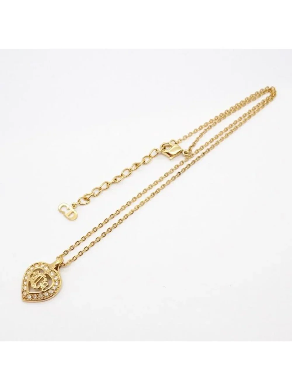 Dior Necklace Emblem Heart Motif Gold Plated Line Stone - Picture 3 of 8